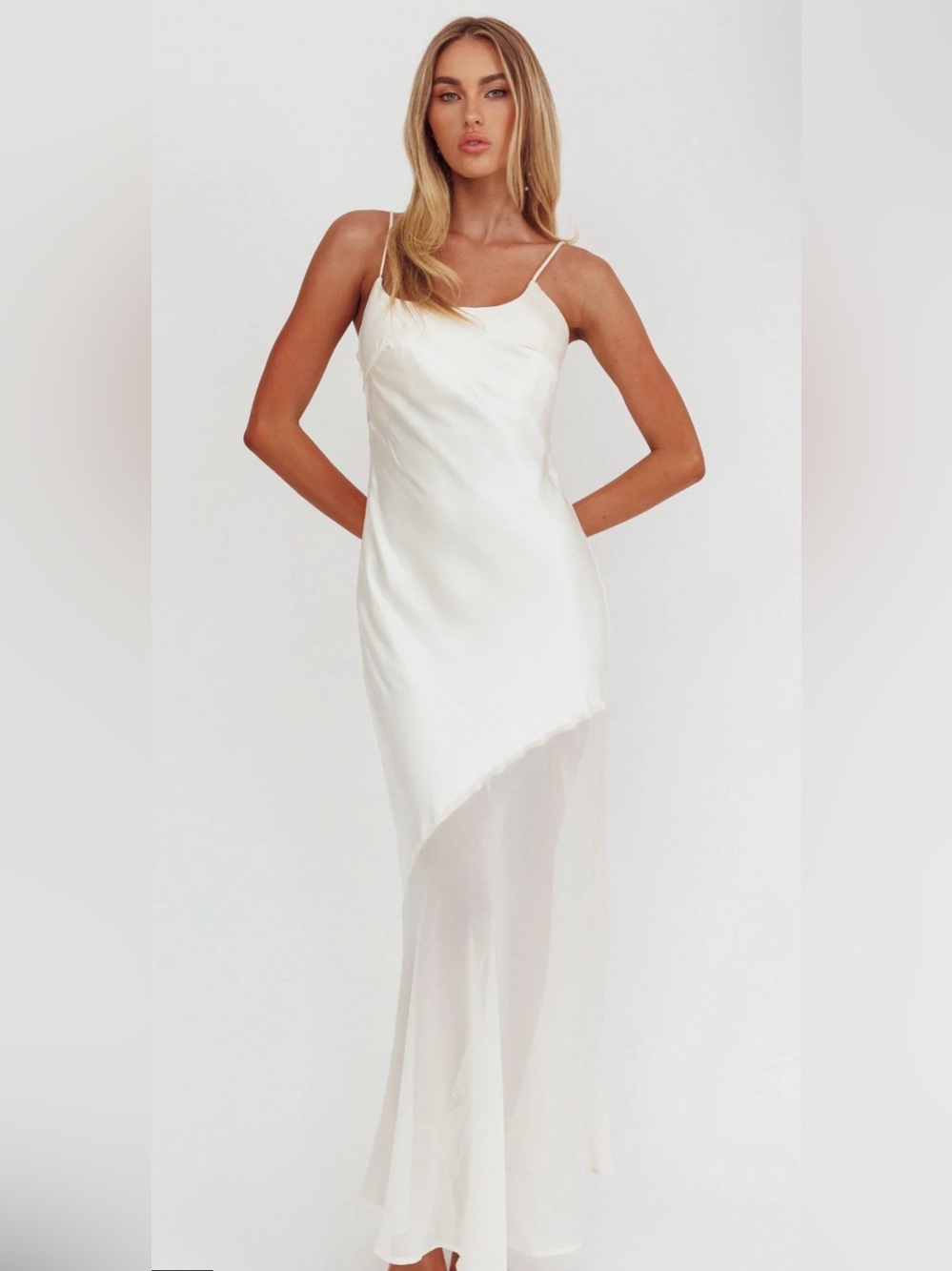 NWT satin w chiffon sheer hem oyster color Maxi Dress, here comes the sun sz S